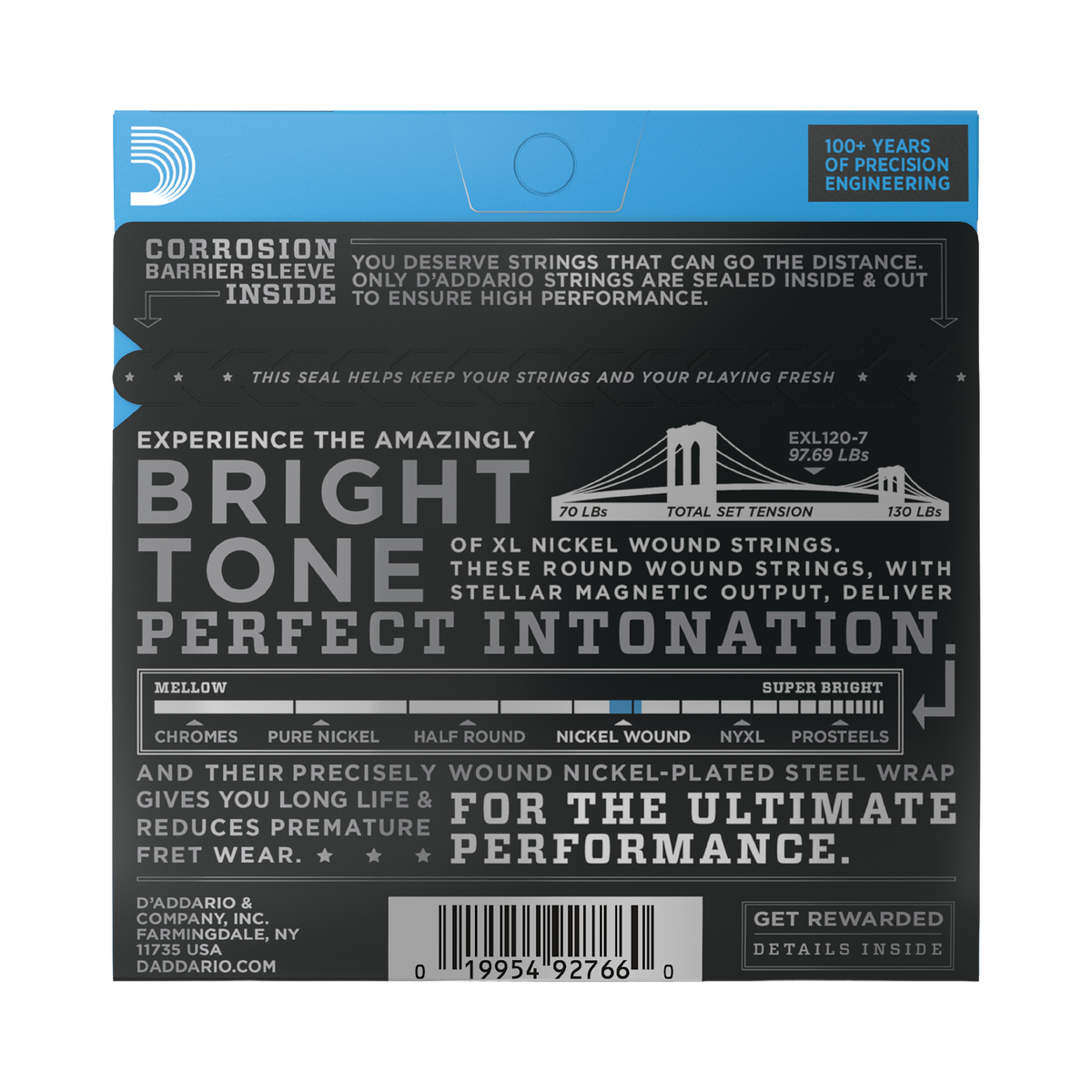The back of packaging for D'Addario EXL120-7 electric guitar strings with brand and product details.