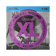 Packaging for D'Addario EXL120 electdric guitar strings with brand and product details.