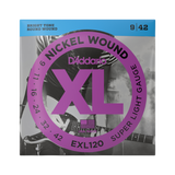 Packaging for D'Addario EXL120 electdric guitar strings with brand and product details.