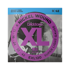 Packaging for D'Addario EXL120 electdric guitar strings with brand and product details.