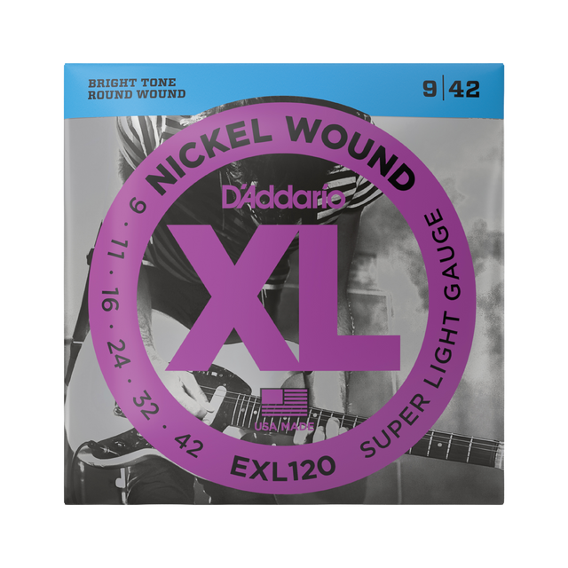 Packaging for D'Addario EXL120 electdric guitar strings with brand and product details.