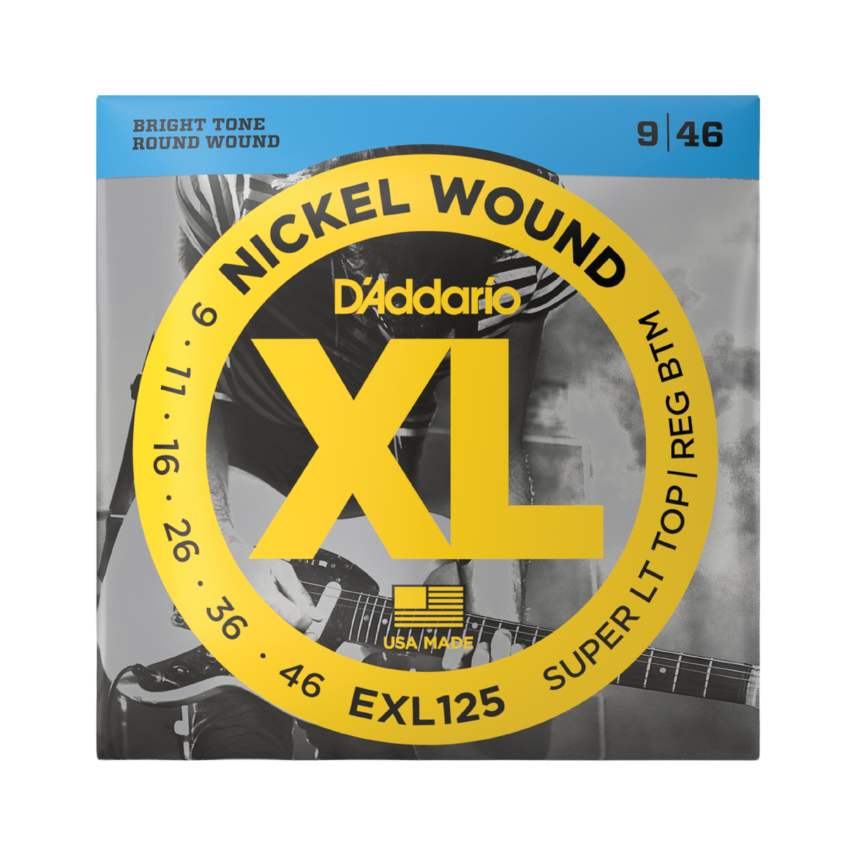 Packaging for D'Addario EXL125 electric guitar strings with brand and product details.
