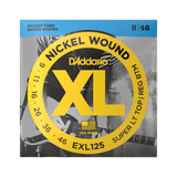 Packaging for D'Addario EXL125 electric guitar strings with brand and product details.