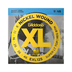 Packaging for D'Addario EXL125 electric guitar strings with brand and product details.