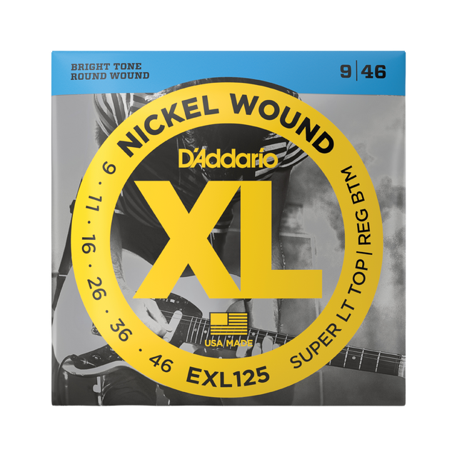Packaging for D'Addario EXL125 electric guitar strings with brand and product details.