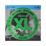 Packaging for D'Addario EXL130 electric guitar strings with brand and product details.