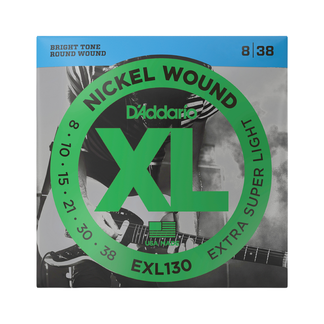 Packaging for D'Addario EXL130 electric guitar strings with brand and product details.