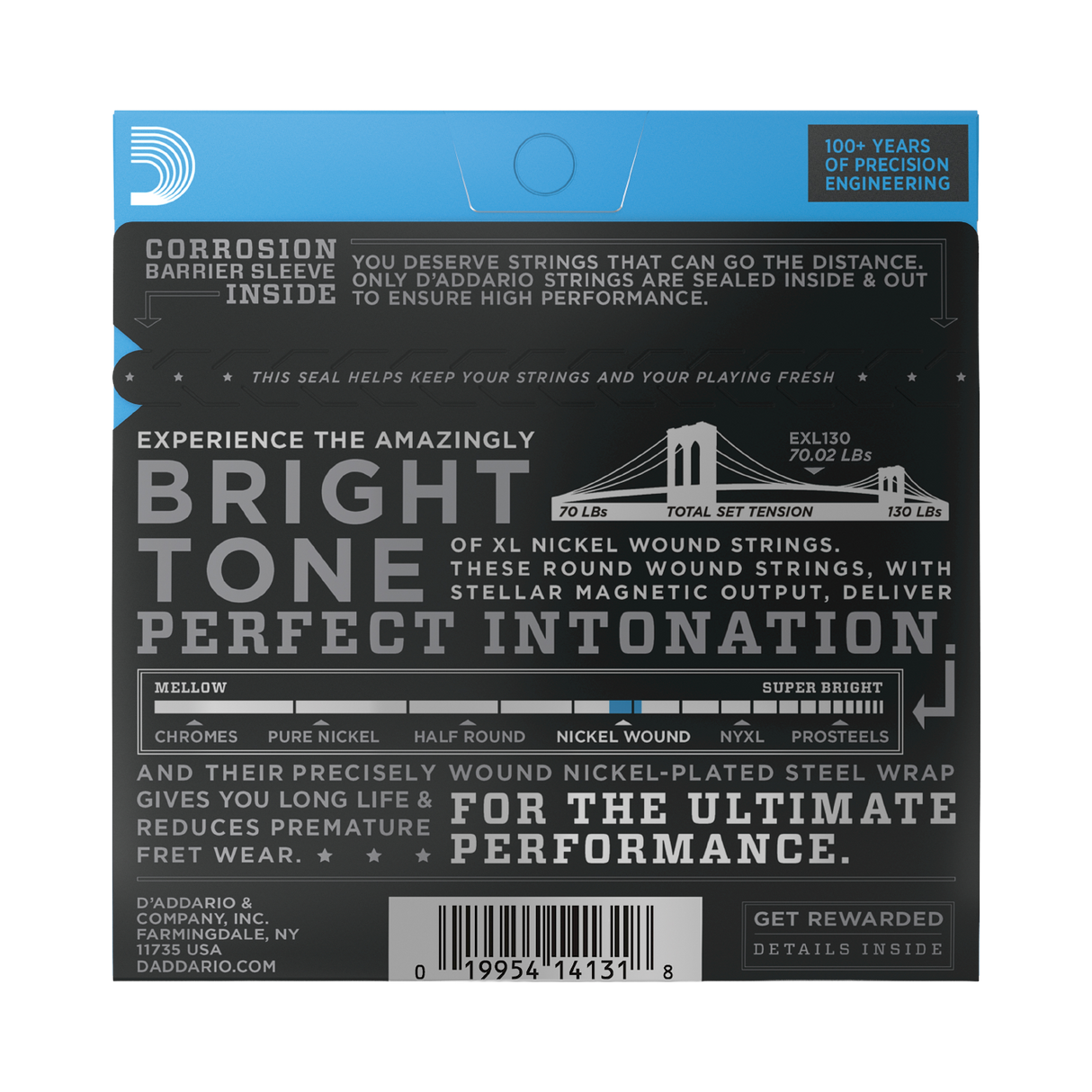 The back of packaging for D'Addario EXL130 electric guitar strings with brand and product details.