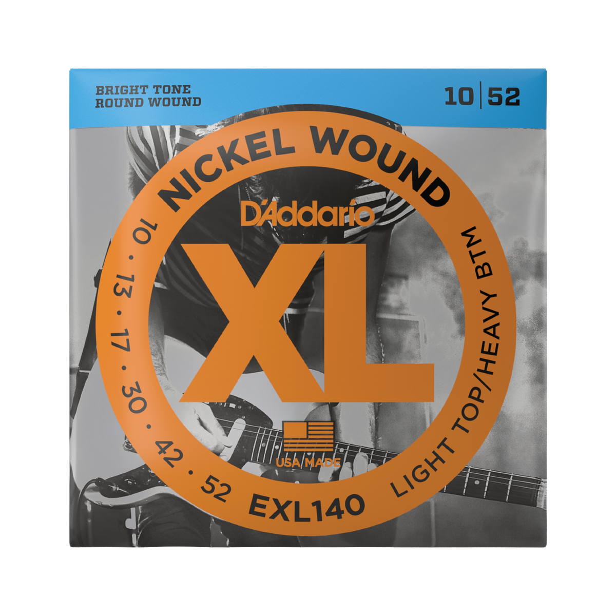 Packaging for D'Addario EXL140 electric guitar strings with brand and product details.
