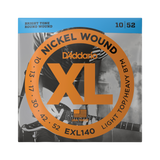 Packaging for D'Addario EXL140 electric guitar strings with brand and product details.