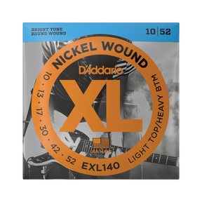 Packaging for D'Addario EXL140 electric guitar strings with brand and product details.