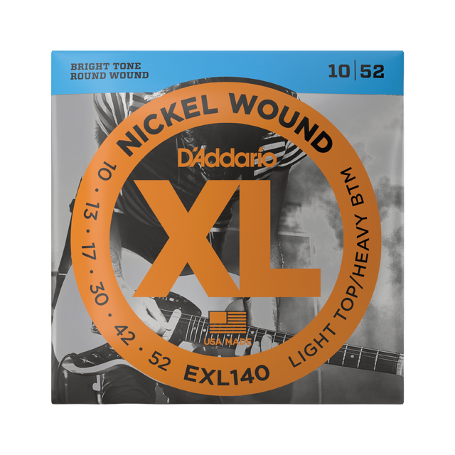 Packaging for D'Addario EXL140 electric guitar strings with brand and product details.
