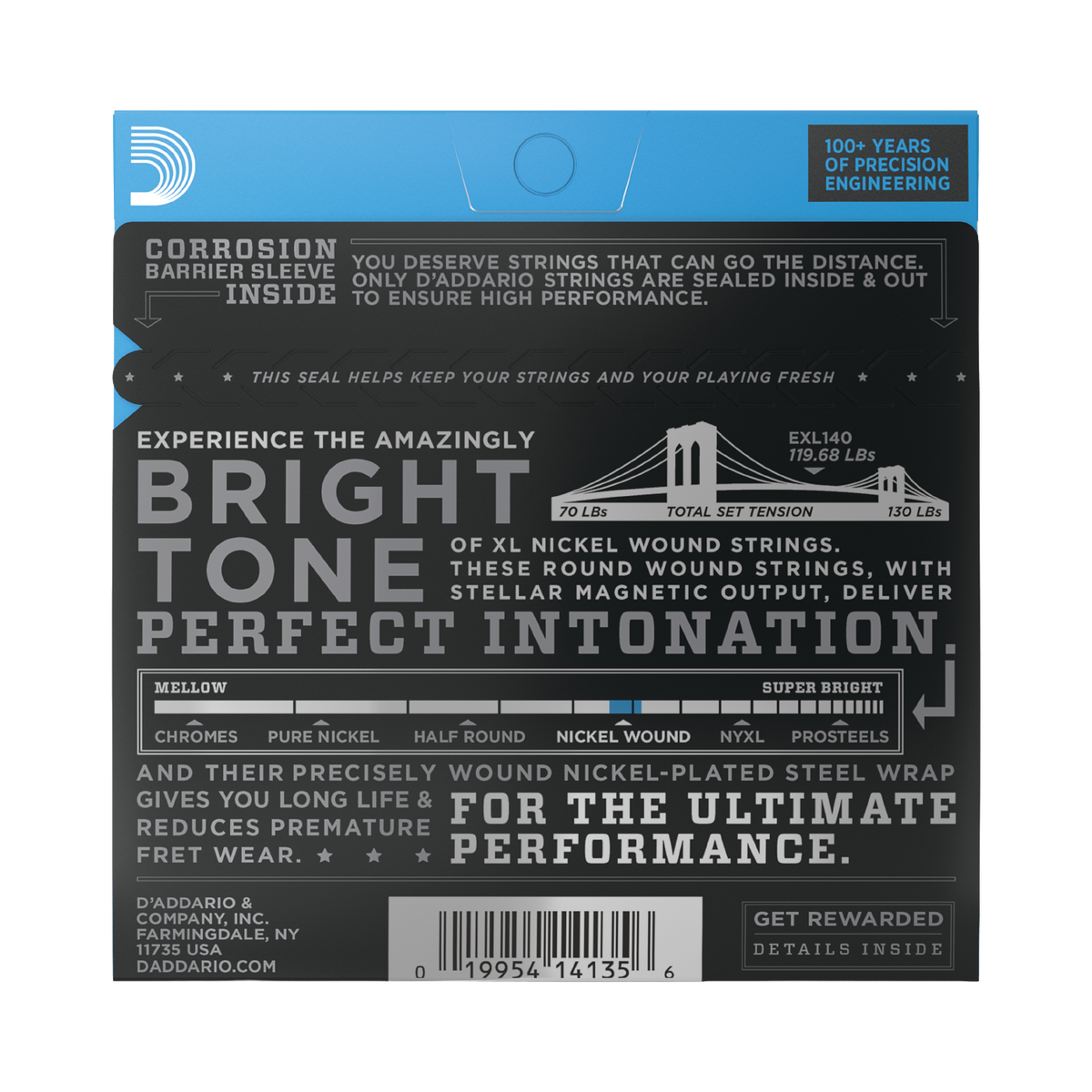 The back of packaging for D'Addario EXL140 electric guitar strings with brand and product details.