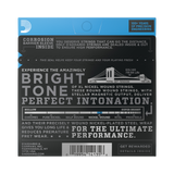 The back of packaging for D'Addario EXL140 electric guitar strings with brand and product details.