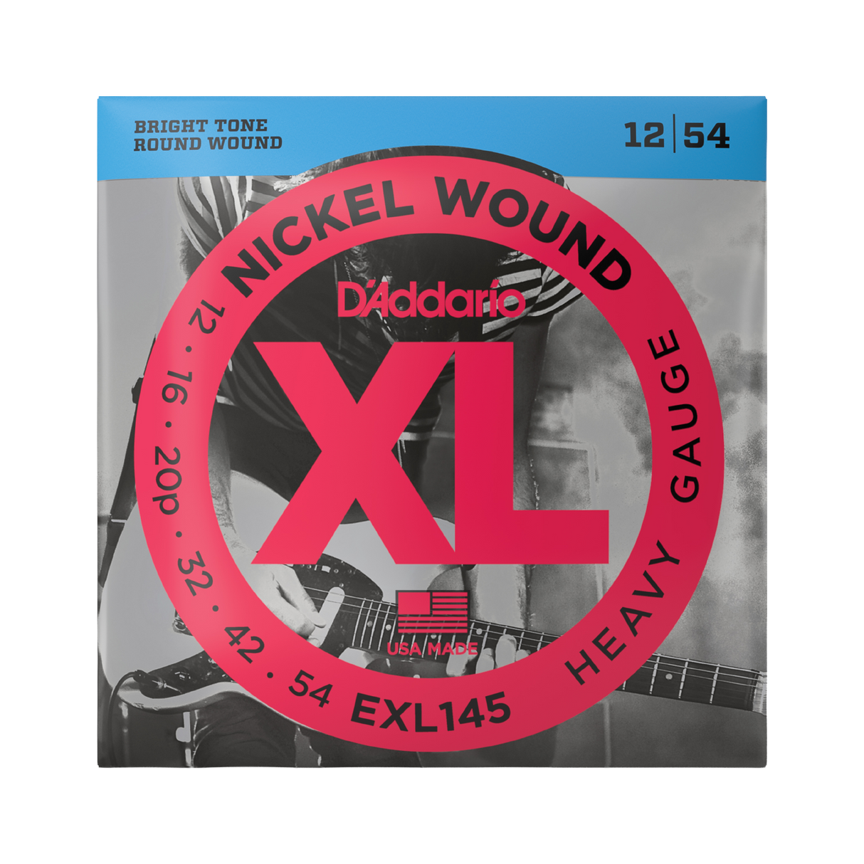 Packaging for D'Addario EXL145 electric guitar strings with brand and product details.