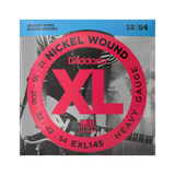 Packaging for D'Addario EXL145 electric guitar strings with brand and product details.