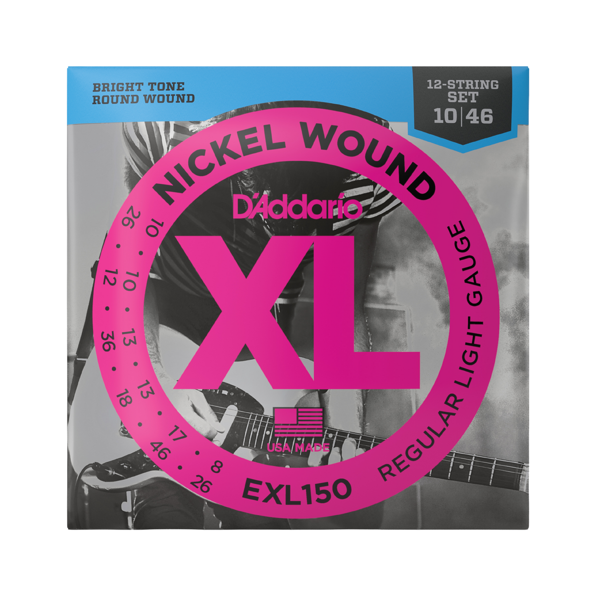 Packaging for D'Addario EXL150 12-string electric guitar strings with brand and product details.