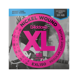 Packaging for D'Addario EXL150 12-string electric guitar strings with brand and product details.