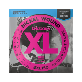 Packaging for D'Addario EXL150 12-string electric guitar strings with brand and product details.