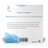 Back of packaging for D'Addario H310W 4/4M Helicore violin strings with brand and product details.