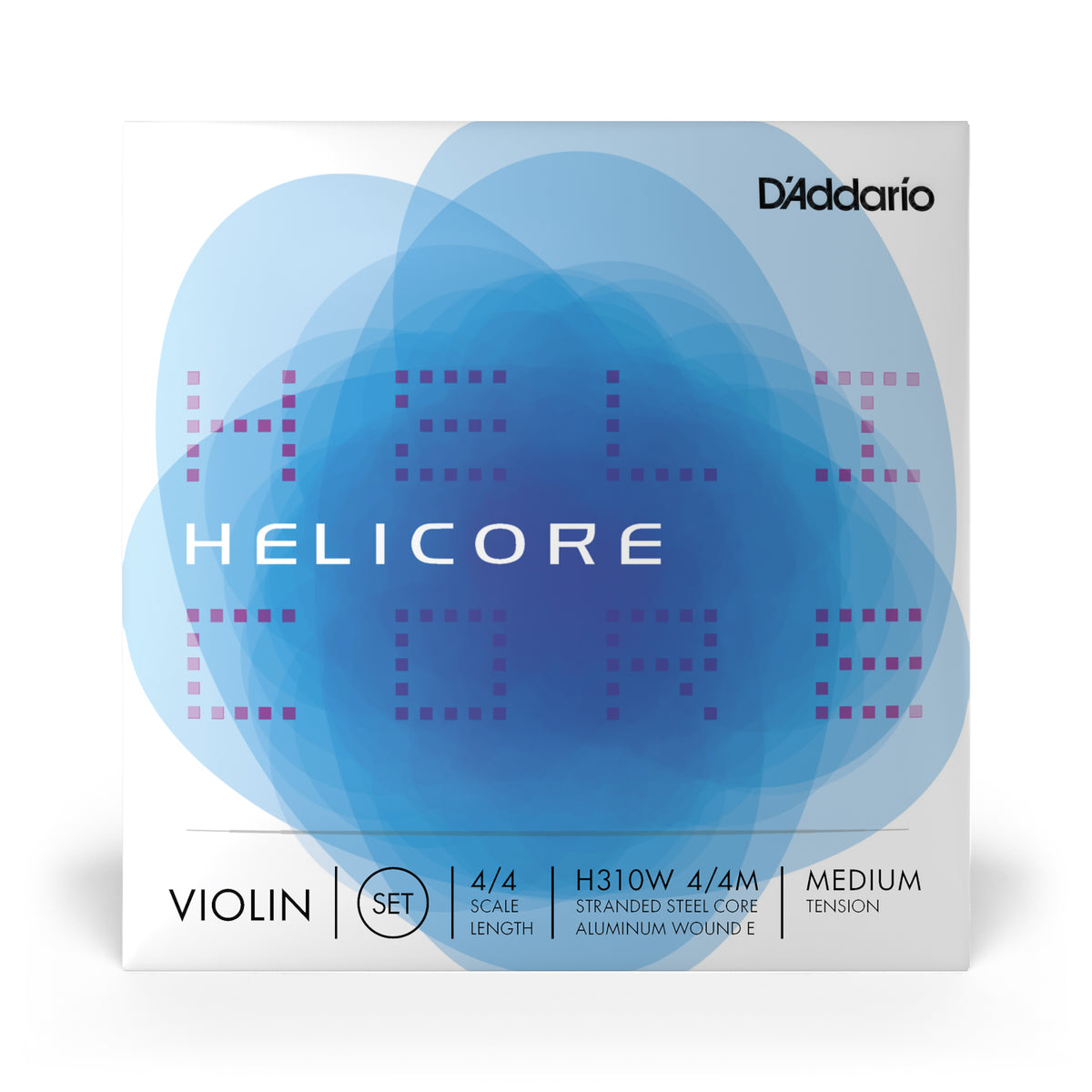 Front of packaging for D'Addario H310W 4/4M Helicore violin strings with brand and product details.