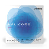 Front of packaging for D'Addario H310 4/4M Helicore violin strings with brand and product details.