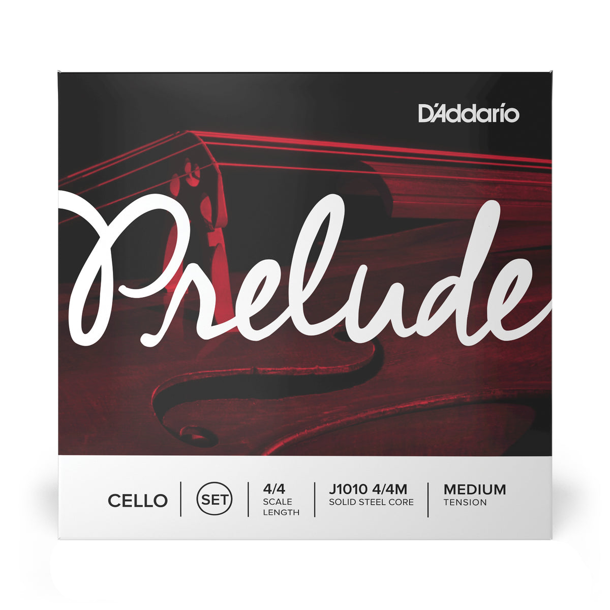 Front of packaging for D'Addario J1010 4/4M Prelude Cello strings with brand and product details.