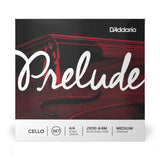 Front of packaging for D'Addario J1010 4/4M Prelude Cello strings with brand and product details.