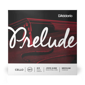 Front of packaging for D'Addario J1010 4/4M Prelude Cello strings with brand and product details.