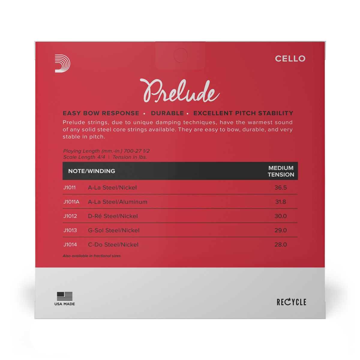 Back of packaging for D'Addario J1010 4/4M cello strings with brand and product details.