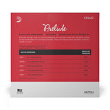 Back of packaging for D'Addario J1010 4/4M cello strings with brand and product details.