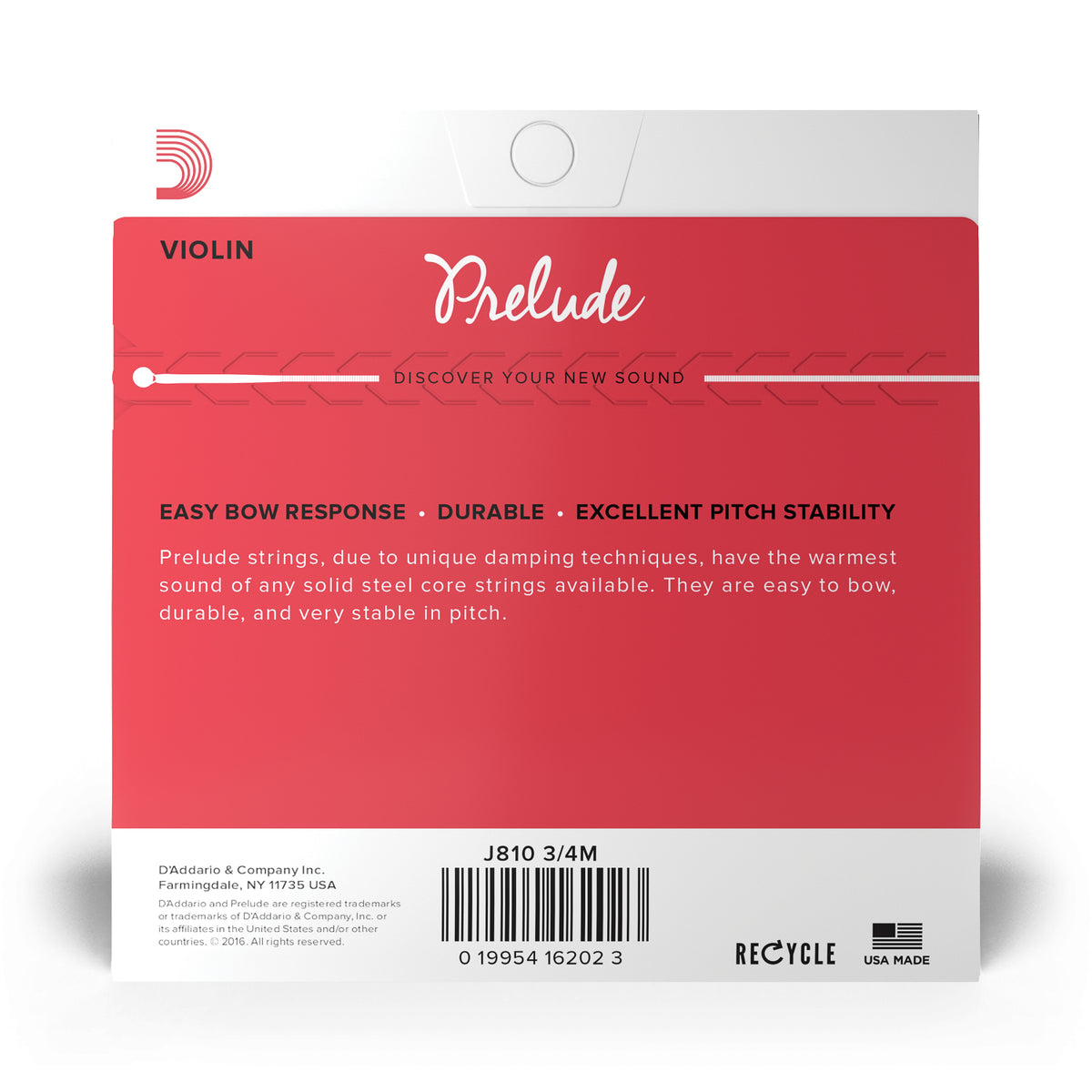 Back of packaging for D'Addario's J810 3/4M violin strings with brand and product details.