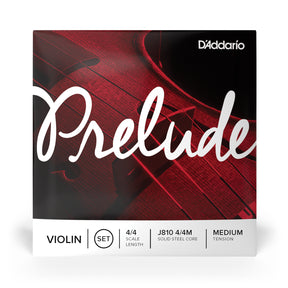 Front of packaging for D'Addario J810 4/4M violin strings including brand and product details.