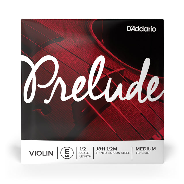 Packaging for D'Addario's J811 1/2M violin E string with brand and product details.