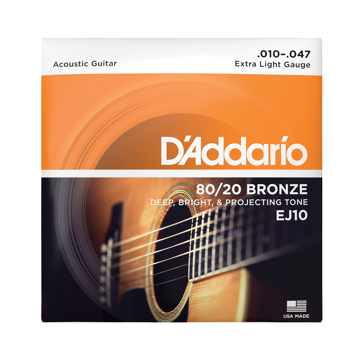 Packaging for EJ10 80/20 bronze guitar strings by D'Addario
