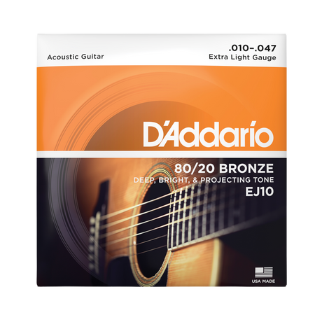 Packaging for EJ10 80/20 bronze guitar strings by D'Addario