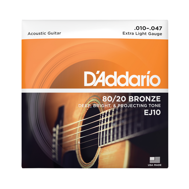Packaging for EJ10 80/20 bronze guitar strings by D'Addario