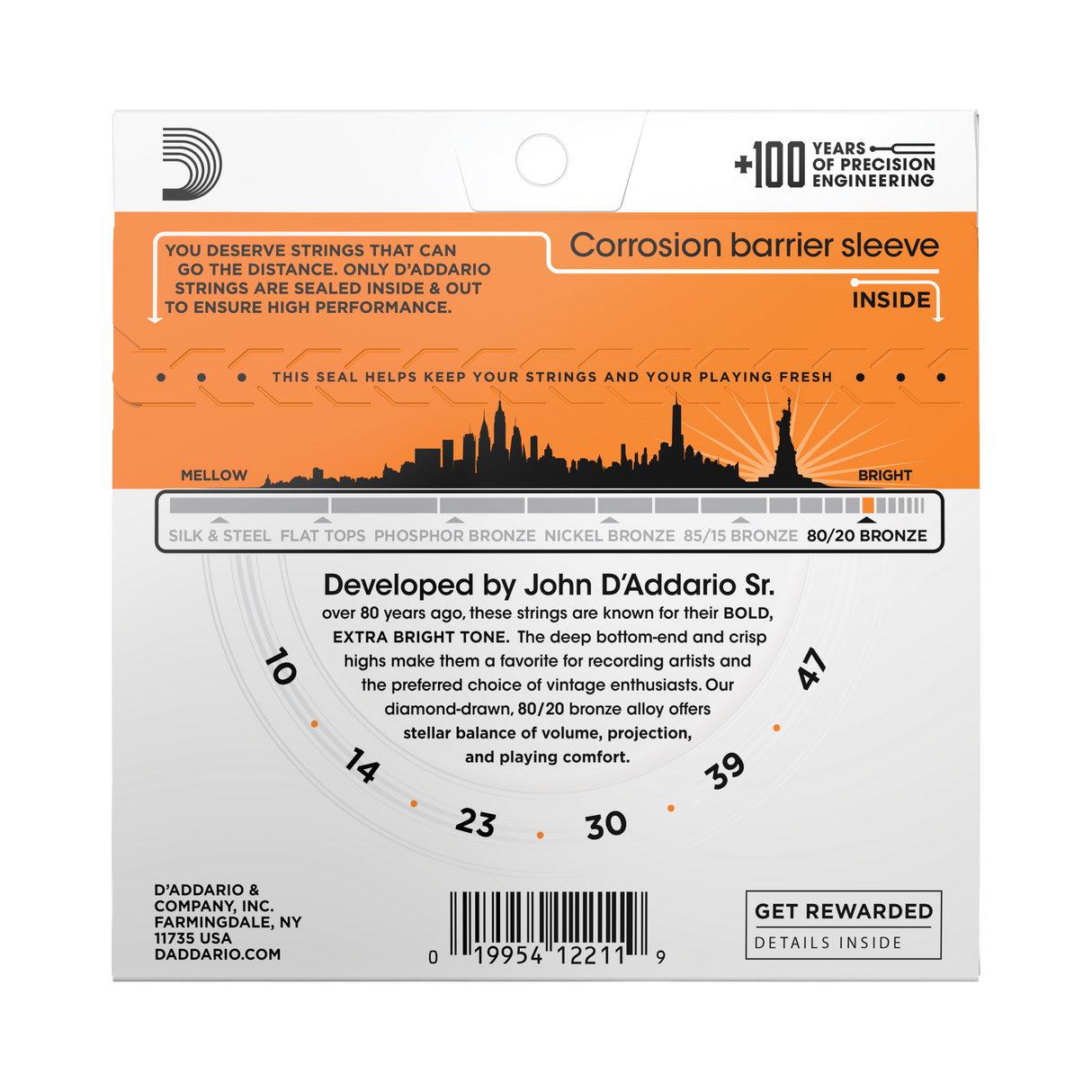 The backside of packaging for EJ10 80/20 guitar strings with product details including string gauges