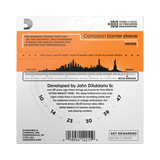The backside of packaging for EJ10 80/20 guitar strings with product details including string gauges