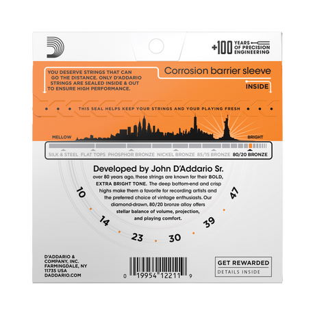 The backside of packaging for EJ10 80/20 guitar strings with product details including string gauges