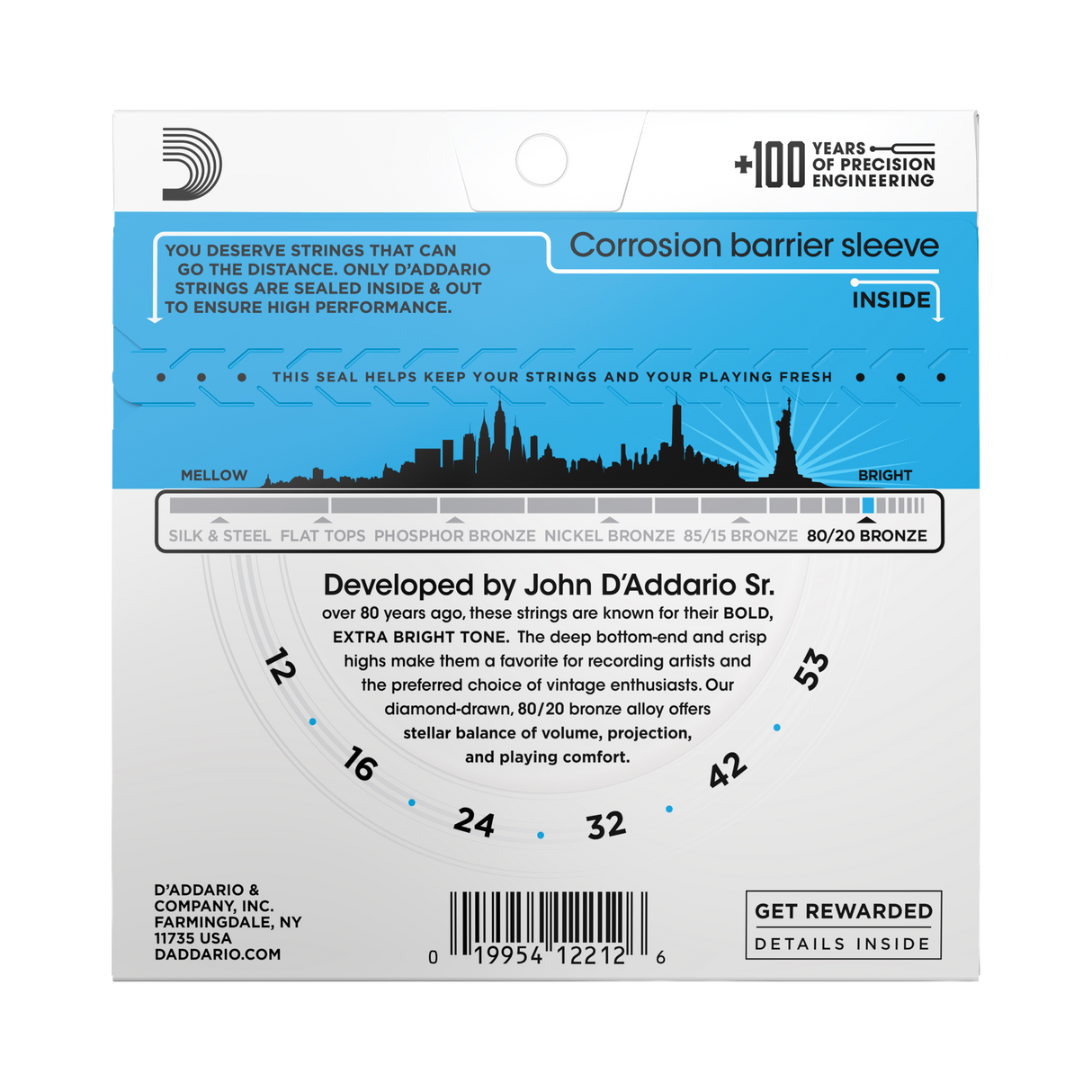 The backside of packaging for D'Addario EJ11 guitar strings with product details including string gauges