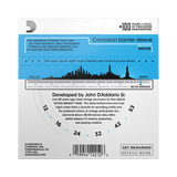 The backside of packaging for D'Addario EJ11 guitar strings with product details including string gauges