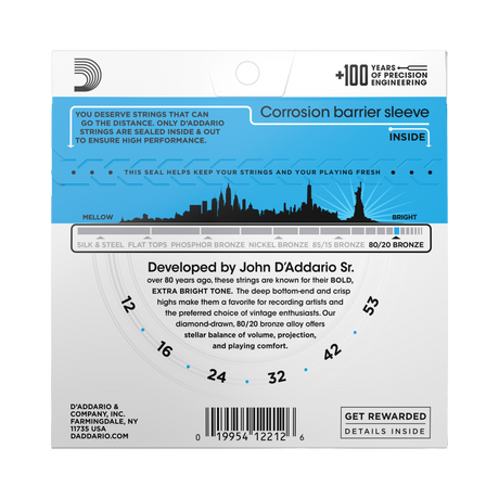 The backside of packaging for D'Addario EJ11 guitar strings with product details including string gauges