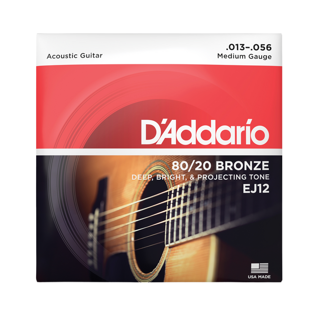 Packaging for D'Addario EJ12 80/20 bronze guitar strings with brand details