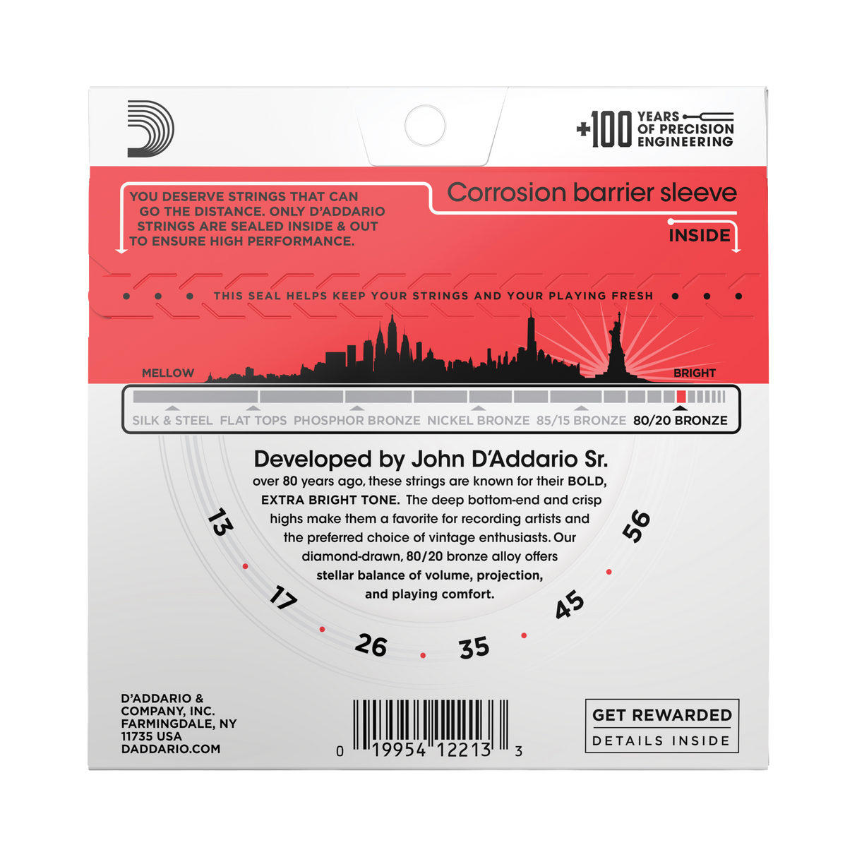 The backside of packaging for D'Addario EJ12 guitar strings with product details including string gauges