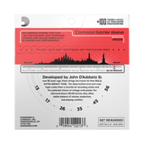 The backside of packaging for D'Addario EJ12 guitar strings with product details including string gauges