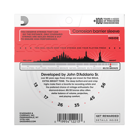 The backside of packaging for D'Addario EJ12 guitar strings with product details including string gauges