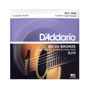 Packaging for D'Addario EJ13 80/20 bronze guitar strings with brand details