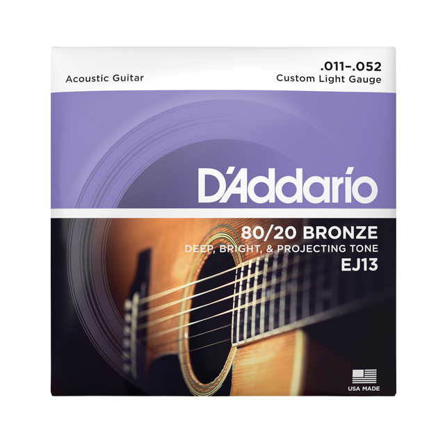 Packaging for D'Addario EJ13 80/20 bronze guitar strings with brand details