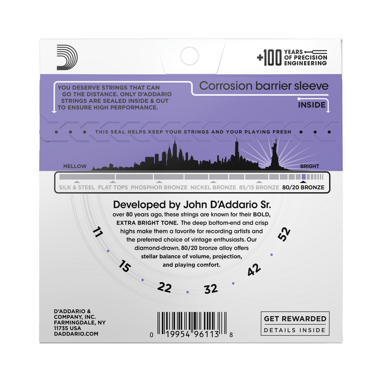Backside of packaging for D'Addario EJ13 guitar strings with product details including string gauges